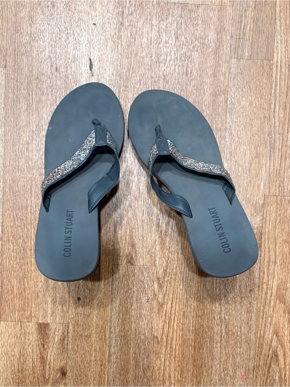 Colin Stuart Black Flip Flop Sandals with Multicolor Glitter Straps